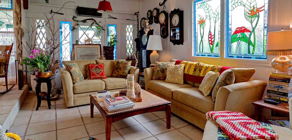 Livingroom with stained glass windows